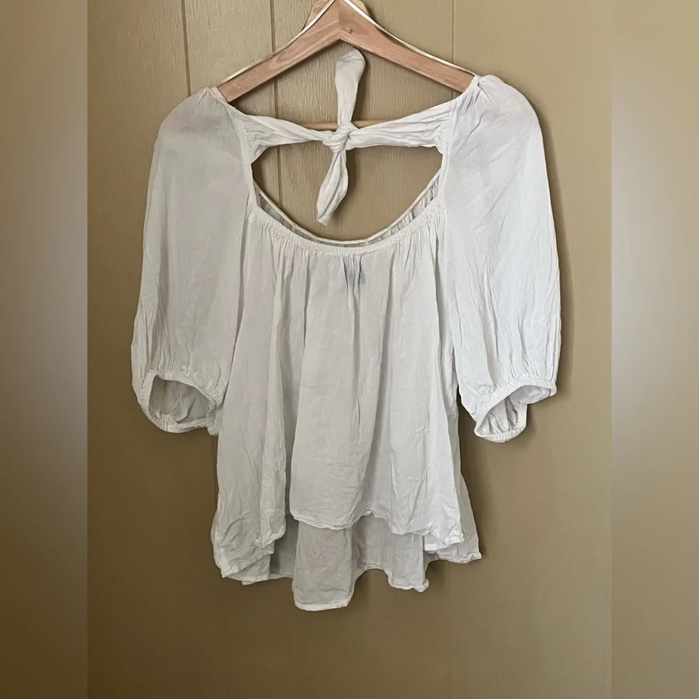Old Navy White XL Relaxed Puff Sleeve Blouse Neutral Calla Lily Boho Casual GUC
